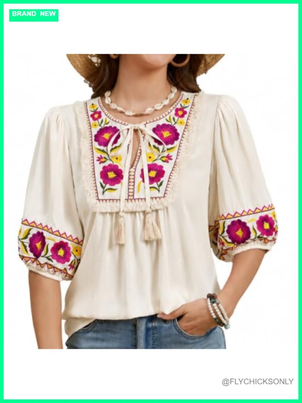 Womens Boho Floral Embroidered Peasant Tunic Blouse Puff Short Sleeve V-Neck